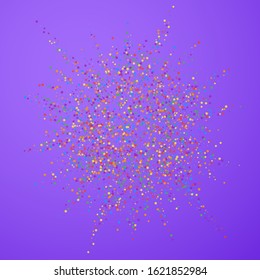 Festive confetti. Celebration stars. Colorful confetti on bright purple background. Elegant festive overlay template. Great vector illustration.