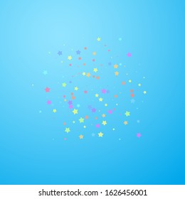 Festive confetti. Celebration stars. Colorful stars random on blue sky background. Divine festive overlay template. Extra vector illustration.