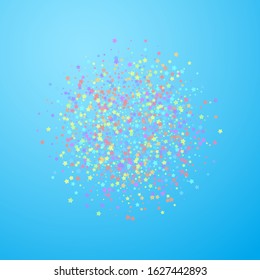Festive confetti. Celebration stars. Colorful stars dense on blue sky background. Divine festive overlay template. Excellent vector illustration.