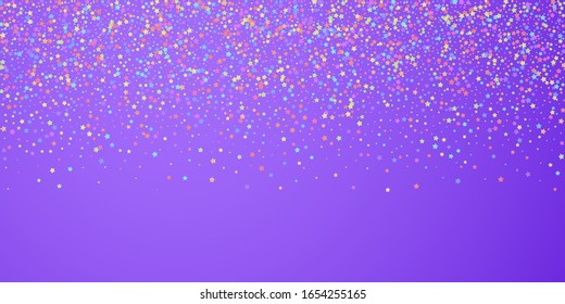 Festive confetti. Celebration stars. Colorful stars on bright purple background. Divine festive overlay template. Memorable vector illustration.