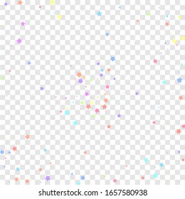 Festive confetti. Celebration stars. Colorful stars random on transparent background. Brilliant festive overlay template. Classy vector illustration.