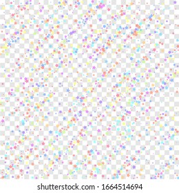 Festive confetti. Celebration stars. Colorful stars dense on transparent background. Classic festive overlay template. Amusing vector illustration.