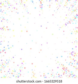 Festive confetti. Celebration stars. Colorful stars on white background. Comely festive overlay template. Majestic vector illustration.