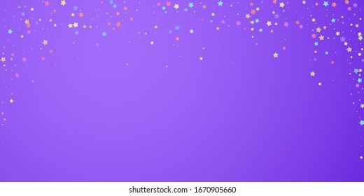 Festive confetti. Celebration stars. Colorful stars random on bright purple background. Dazzling festive overlay template. Remarkable vector illustration.