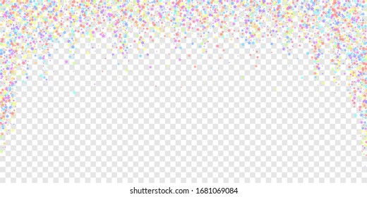 Festive confetti. Celebration stars. Colorful stars dense on transparent background. Dazzling festive overlay template. Radiant vector illustration.