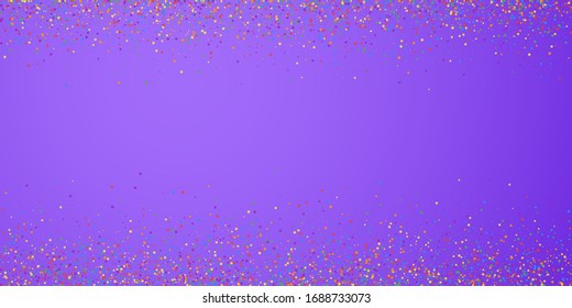 Festive confetti. Celebration stars. Colorful confetti on bright purple background. Cool festive overlay template. Splendid vector illustration.