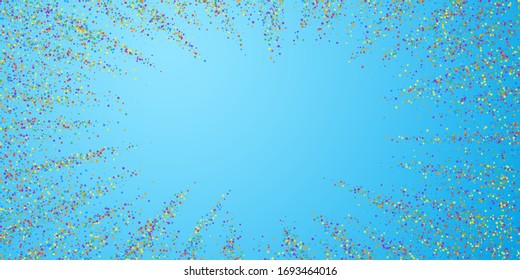 Festive confetti. Celebration stars. Colorful confetti on blue sky background. Ecstatic festive overlay template. Sightly vector illustration.