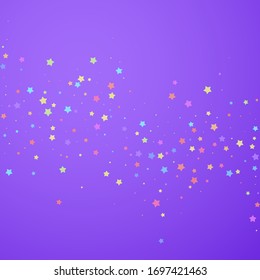 Festive confetti. Celebration stars. Colorful stars random on bright purple background. Eminent festive overlay template. Superb vector illustration.