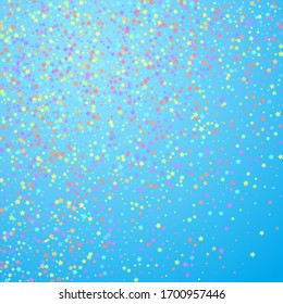 Festive confetti. Celebration stars. Colorful stars on blue sky background. Classy festive overlay template. Unequaled vector illustration.