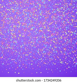Festive confetti. Celebration stars. Colorful stars on bright purple background. Classic festive overlay template. Wonderful vector illustration.