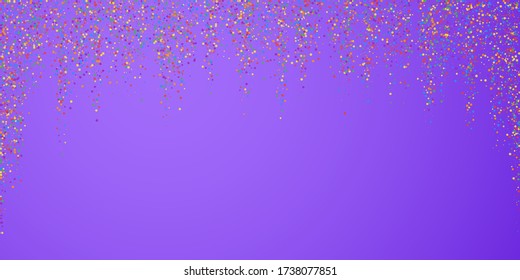 Festive confetti. Celebration stars. Colorful confetti on bright purple background. Dazzling festive overlay template. Astonishing vector illustration.