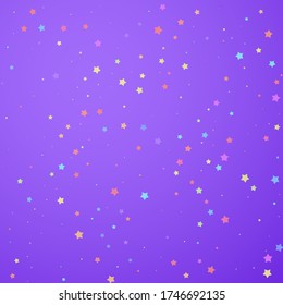 Festive confetti. Celebration stars. Colorful stars random on bright purple background. Classic festive overlay template. Astonishing vector illustration.
