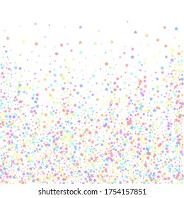 Festive confetti. Celebration stars. Colorful stars on white background. Charming festive overlay template. Appealing vector illustration.