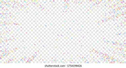 Festive confetti. Celebration stars. Colorful stars dense on transparent background. Ecstatic festive overlay template. Magnificent vector illustration.