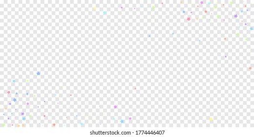 Festive confetti. Celebration stars. Colorful stars random on transparent background. Creative festive overlay template. Magnificent vector illustration.
