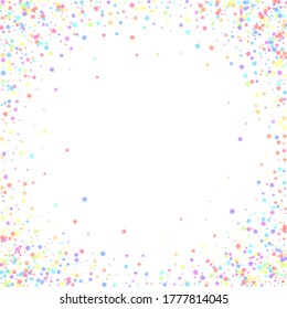 Festive confetti. Celebration stars. Colorful stars dense on white background. Cool festive overlay template. Majestic vector illustration.