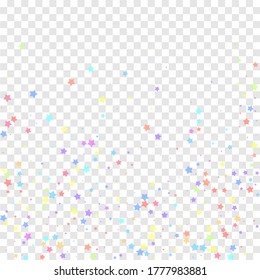 Festive confetti. Celebration stars. Colorful stars random on transparent background. Charming festive overlay template. Beautiful vector illustration.