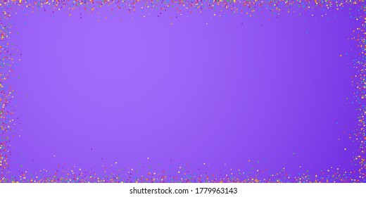 Festive confetti. Celebration stars. Colorful confetti on bright purple background. Delightful festive overlay template. Memorable vector illustration.