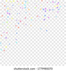 Festive confetti. Celebration stars. Colorful stars random on transparent background. Charming festive overlay template. Powerful vector illustration.