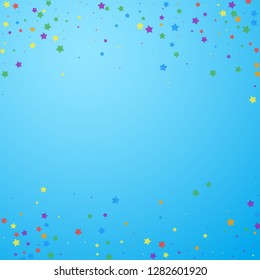Festive confetti. Celebration stars. Joyous stars on blue sky background. Charming festive overlay template. Immaculate vector illustration.