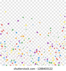 Festive confetti. Celebration stars. Joyous stars on transparent background. Charming festive overlay template. Curious vector illustration.