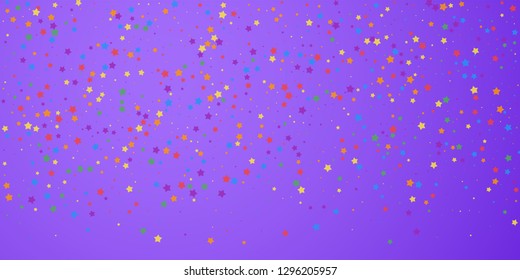 Festive confetti. Celebration stars. Joyous stars on bright purple background. Dramatic festive overlay template. Beauteous vector illustration.