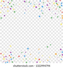 Festive confetti. Celebration stars. Joyous stars on transparent background. Charming festive overlay template. Incredible vector illustration.