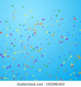 Festive confetti. Celebration stars. Joyous stars on blue sky background. Classy festive overlay template. Pretty vector illustration.