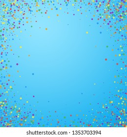 Festive confetti. Celebration stars. Joyous confetti on blue sky background. Cool festive overlay template. Optimal vector illustration.