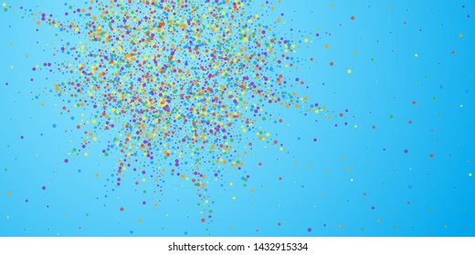 Festive confetti. Celebration stars. Joyous confetti on blue sky background. Cute festive overlay template. Lovely vector illustration.