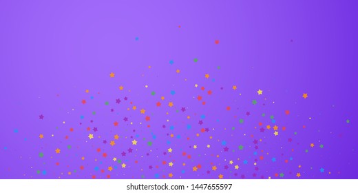 Festive confetti. Celebration stars. Joyous stars on bright purple background. Cute festive overlay template. Emotional vector illustration.