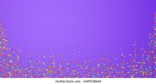 Festive confetti. Celebration stars. Joyous confetti on bright purple background. Decent festive overlay template. Cool vector illustration.