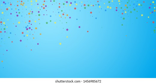 Festive confetti. Celebration stars. Joyous stars on blue sky background. Delightful festive overlay template. Captivating vector illustration.