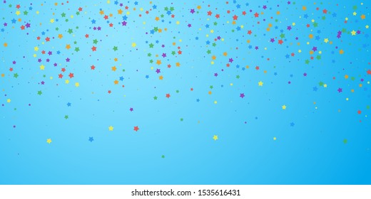 Festive confetti. Celebration stars. Joyous stars on blue sky background. Cute festive overlay template.  vector illustration.