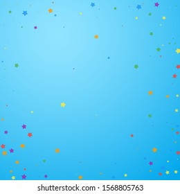 Festive confetti. Celebration stars. Joyous stars on blue sky background. Comely festive overlay template. Posh vector illustration.