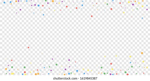 Festive confetti. Celebration stars. Joyous stars on transparent background. Creative festive overlay template. Amusing vector illustration.