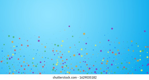 Festive confetti. Celebration stars. Joyous stars on blue sky background. Dramatic festive overlay template. Fetching vector illustration.