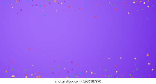 Festive confetti. Celebration stars. Joyous stars on bright purple background. Creative festive overlay template. Amazing vector illustration.