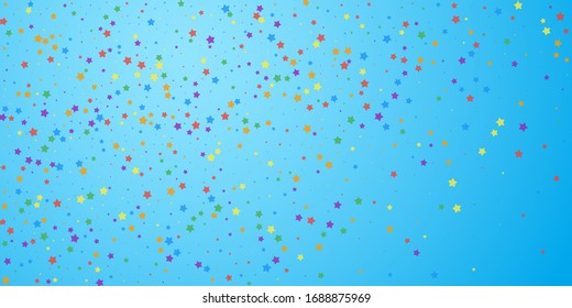 Festive confetti. Celebration stars. Joyous stars on blue sky background. Ecstatic festive overlay template. Artistic vector illustration.