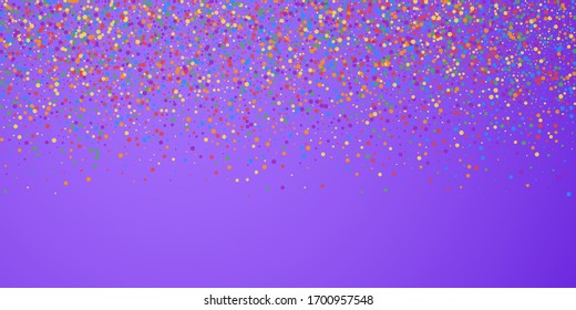 Festive confetti. Celebration stars. Joyous confetti on bright purple background. Divine festive overlay template. Positive vector illustration.