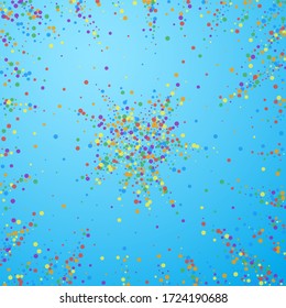 Festive confetti. Celebration stars. Joyous confetti on blue sky background. Brilliant festive overlay template. Dazzling vector illustration.