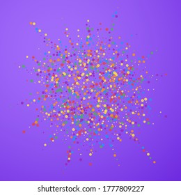 Festive confetti. Celebration stars. Joyous confetti on bright purple background. Elegant festive overlay template. Neat vector illustration.