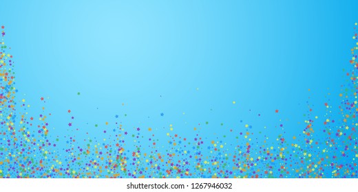 Festive confetti. Celebration stars. Rainbow bright stars on blue sky background. Decent festive overlay template. Divine vector illustration.