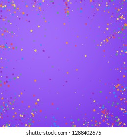 Festive confetti. Celebration stars. Rainbow bright stars on bright purple background. Comely festive overlay template. Quaint vector illustration.