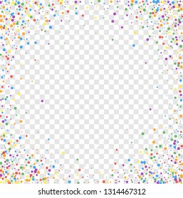 Festive confetti. Celebration stars. Rainbow confetti on transparent background. Cool festive overlay template. Radiant vector illustration.