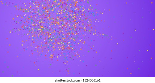 Festive confetti. Celebration stars. Rainbow bright stars on bright purple background. Cute festive overlay template. Neat vector illustration.