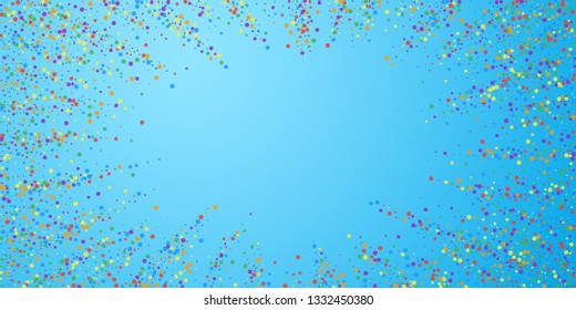 Festive confetti. Celebration stars. Rainbow confetti on blue sky background. Elegant festive overlay template. Awesome vector illustration.