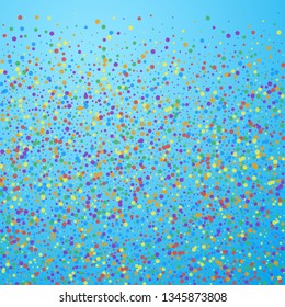Festive confetti. Celebration stars. Rainbow confetti on blue sky background. Classy festive overlay template. Sightly vector illustration.