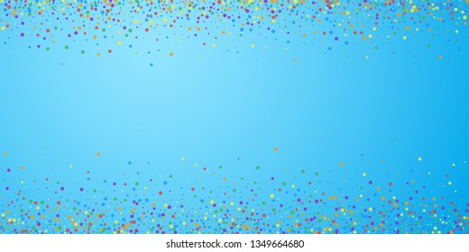 Festive confetti. Celebration stars. Rainbow confetti on blue sky background. Creative festive overlay template. Awesome vector illustration.