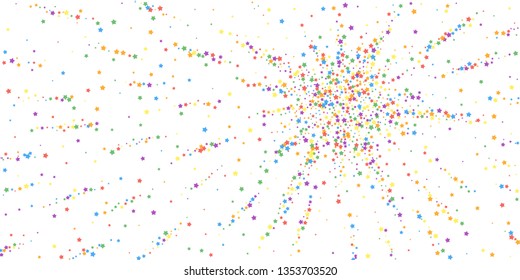 Festive confetti. Celebration stars. Rainbow bright stars on white background. Cute festive overlay template. Alive vector illustration.